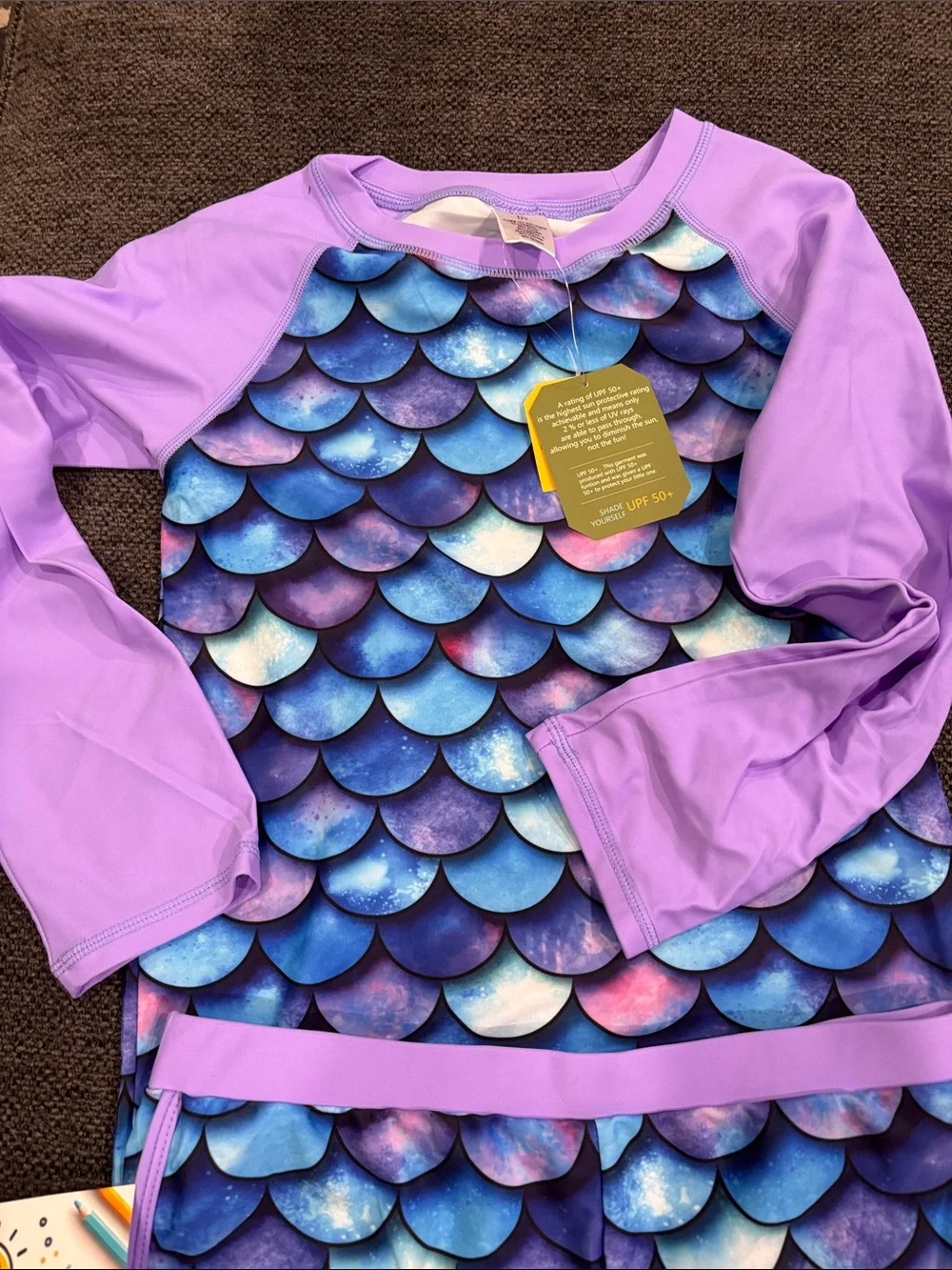 UMELOK Girls Rash Guard Swimsuit Set, Blue Purple Scales, 11-12 Years